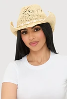Womens Beaded Trim Straw Cowboy Hat, Beige