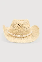 Womens Beaded Trim Straw Cowboy Hat, Beige