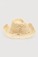 Womens Beaded Trim Straw Cowboy Hat, Beige