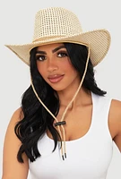 Womens Toggle Drawstring Straw Cowboy Hat, Beige