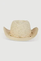 Womens Beaded Straw Cowboy Hat, Beige
