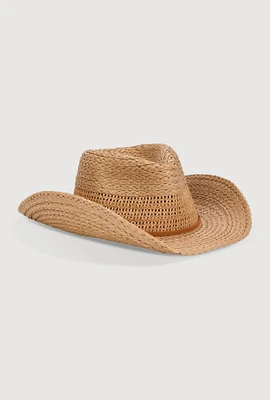 Womens Beaded Toggle Drawstring Straw Cowboy Hat, Beige