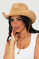 Womens Beaded Toggle Drawstring Straw Cowboy Hat, Beige