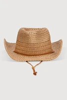 Womens Beaded Toggle Drawstring Straw Cowboy Hat, Beige