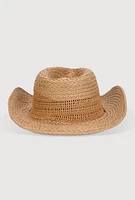 Womens Beaded Toggle Drawstring Straw Cowboy Hat, Beige