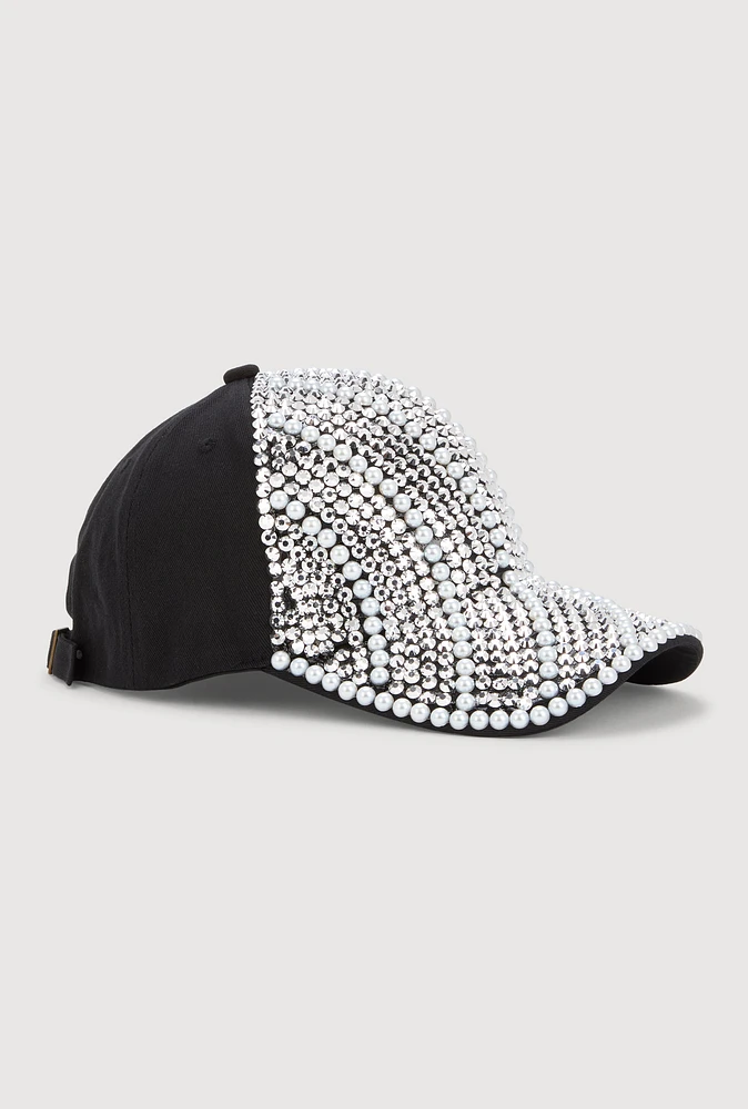Womens Rhinestone and Pearl Studded Baseball Hat, Black