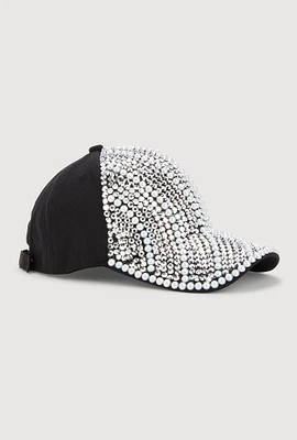 Womens Rhinestone and Pearl Studded Baseball Hat, Black