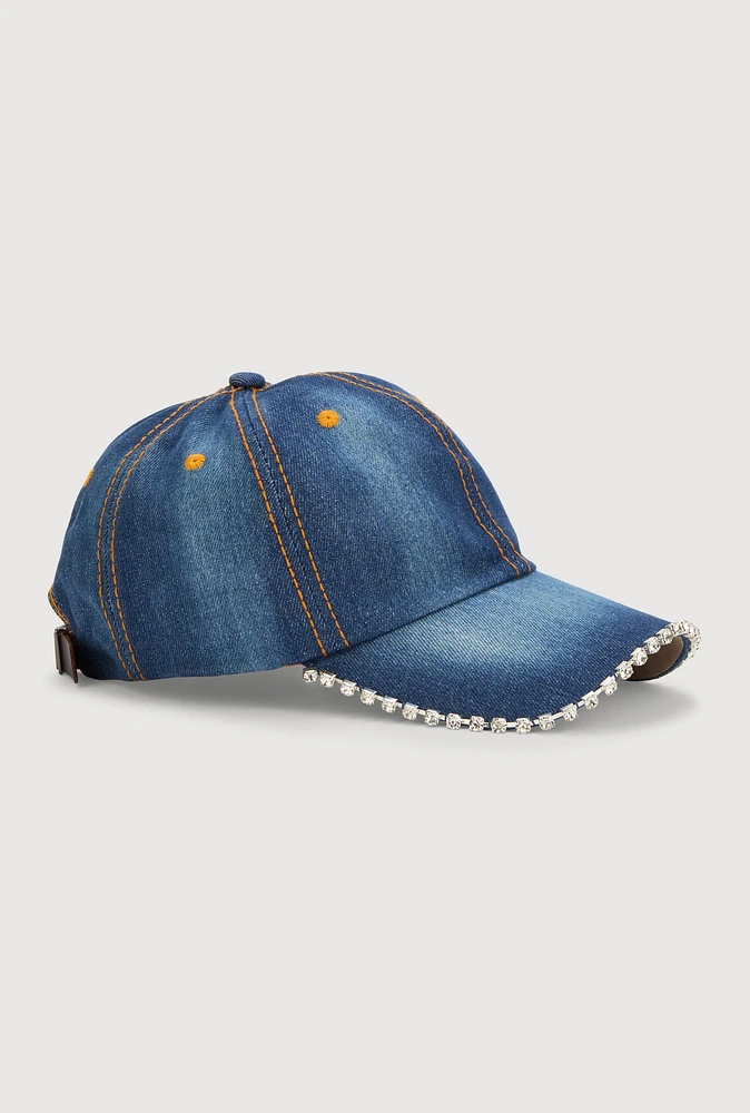 Womens Rhinestone Trim Baseball Hat, Blue