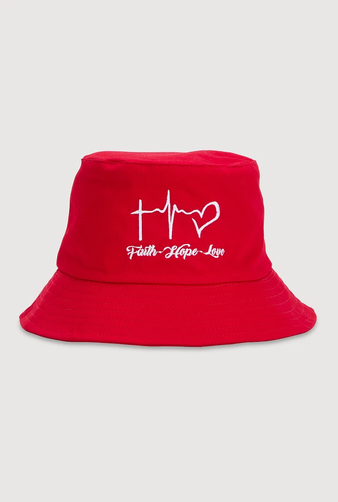 Womens Faith Hope Love Embroidered Bucket Hat, Red