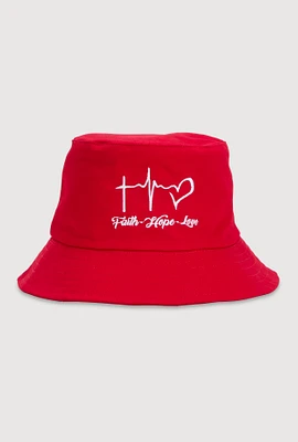 Womens Faith Hope Love Embroidered Bucket Hat, Red