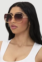 Womens Oversized Chain Link Ombre Lens Sunglasses, Beige