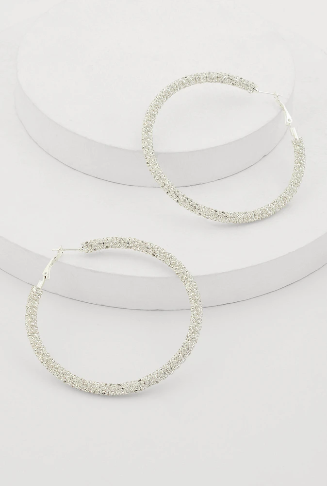 Womens Rhinestone Encrusted Hoop Earrings, Silver