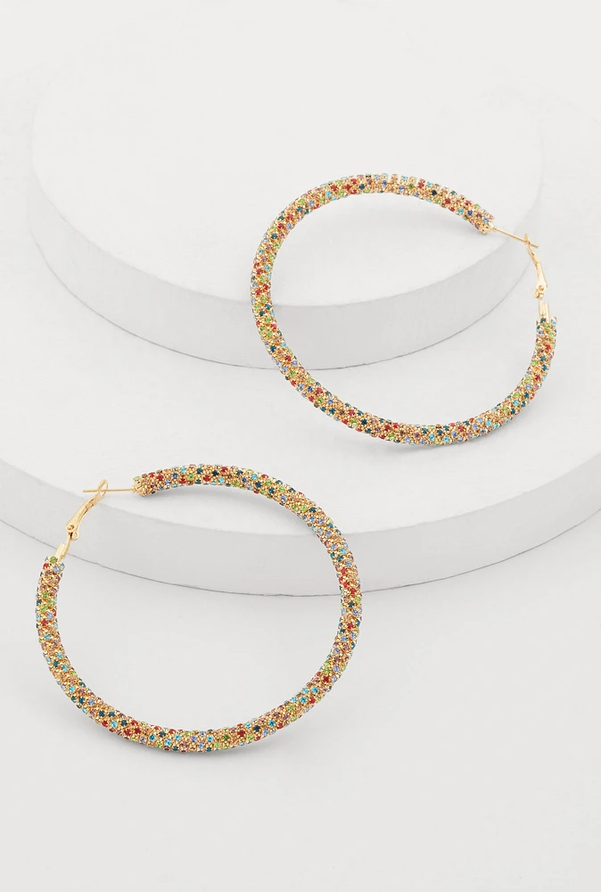 Womens Rhinestone Encrusted Hoop Earrings, Multi
