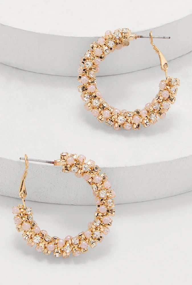 Womens Faux Pearl Rhinestone Hoop Earrings, Gold