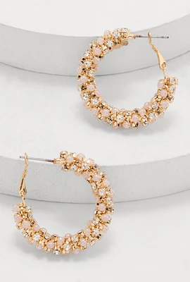 Womens Faux Pearl Rhinestone Hoop Earrings, Gold