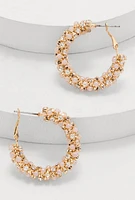 Womens Faux Pearl Rhinestone Hoop Earrings, Gold