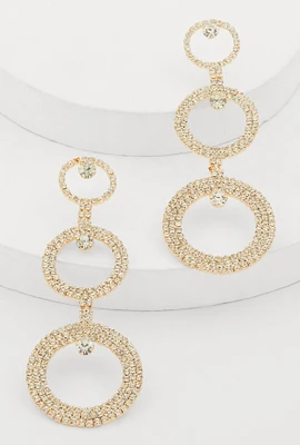 Womens Rhinestone Triple Hoop Drop Earrings, Gold