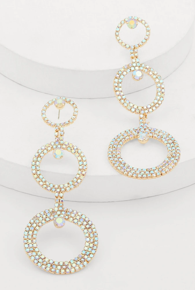 Womens Rhinestone Triple Hoop Drop Earrings, Gold