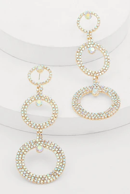 Womens Rhinestone Triple Hoop Drop Earrings, Gold