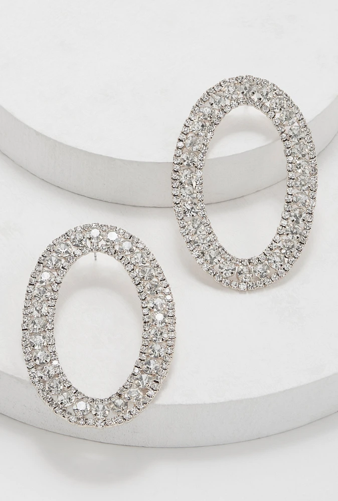 Womens Rhinestone Oval Drop Earrings, Silver