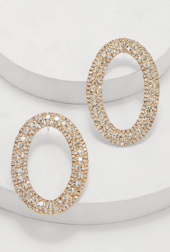Womens Rhinestone Oval Drop Earrings, Gold