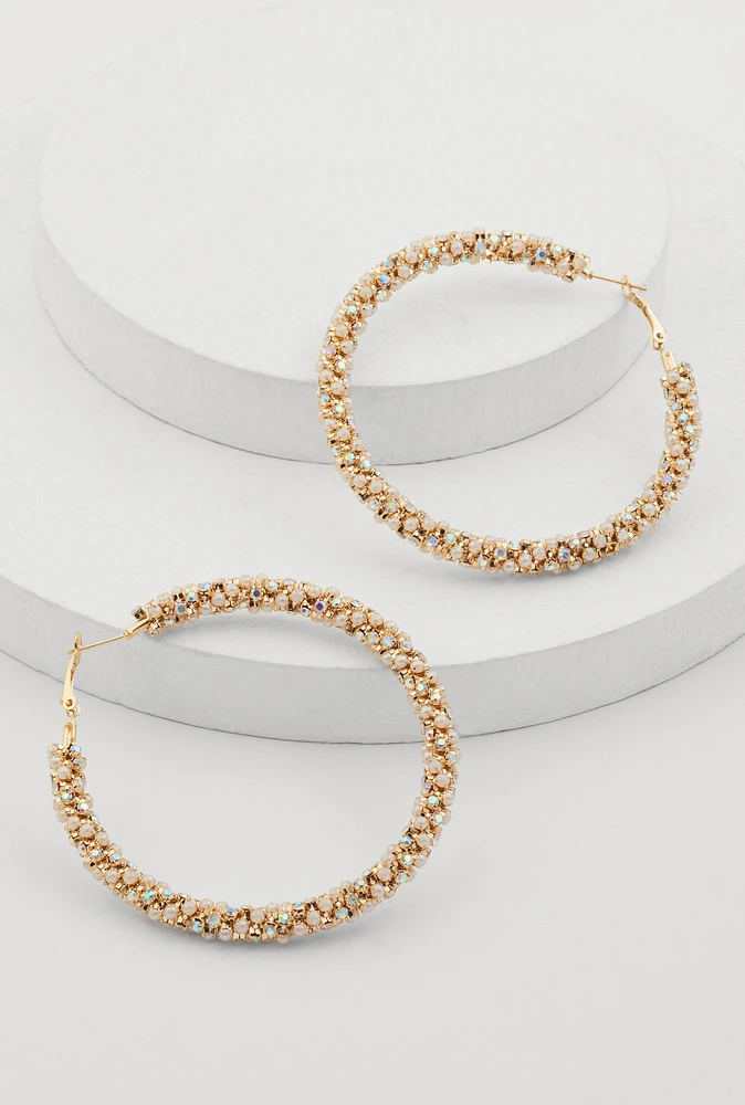 Womens Faux Pearl Rhinestone Encrusted Hoop Earrings, Gold