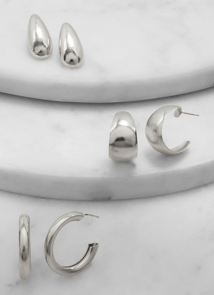 Womens Metallic Drop and Hoop Earring Trio, Silver