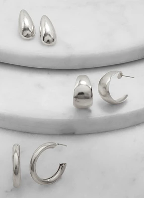 Womens Metallic Drop and Hoop Earring Trio, Silver