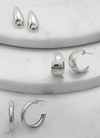 Womens Metallic Drop and Hoop Earring Trio, Silver