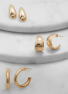 Womens Metallic Drop and Hoop Earring Trio, Gold