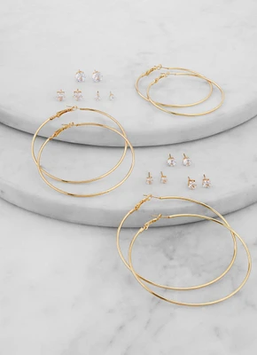 Womens Cubic Zirconia Stud Earrings and Hoop Earrings Set of 9, Gold