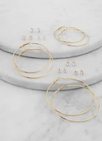 Womens Cubic Zirconia Stud Earrings and Hoop Earrings Set of 9, Gold