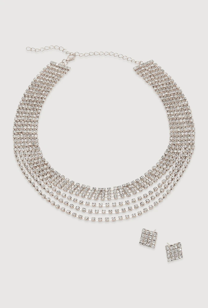 Womens Rhinestone Layered Choker Necklace with Stud Earrings, Silver