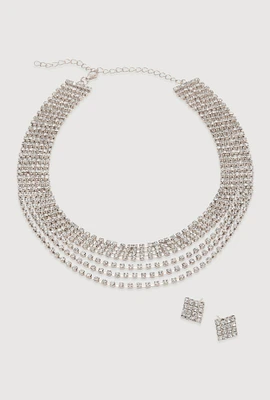 Womens Rhinestone Layered Choker Necklace with Stud Earrings, Silver