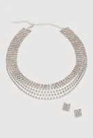 Womens Rhinestone Layered Choker Necklace with Stud Earrings, Silver