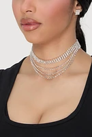Womens Rhinestone Layered Choker Necklace with Stud Earrings, Silver