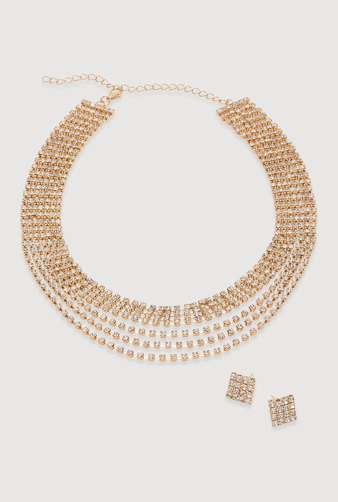 Womens Rhinestone Layered Choker Necklace with Stud Earrings,