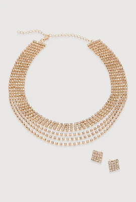 Womens Rhinestone Layered Choker Necklace with Stud Earrings,