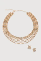 Womens Rhinestone Layered Choker Necklace with Stud Earrings,