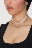 Womens Rhinestone Layered Choker Necklace with Stud Earrings,
