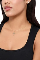 Womens Cross Pendant Chain Necklace and Cubic Zirconia Stud Earrings, Gold