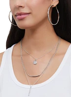 Womens Rhinestone Layered Chain Necklace and Hoop Earring Trio, Silver