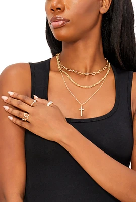 Womens Cubic Zirconia Cross Layered Necklace and Ring Trio Set, Gold