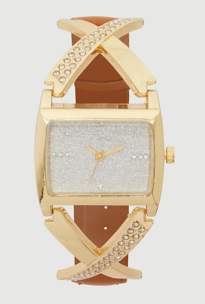 Womens Faux Leather Band Rhinestone Studded Watch, Brown