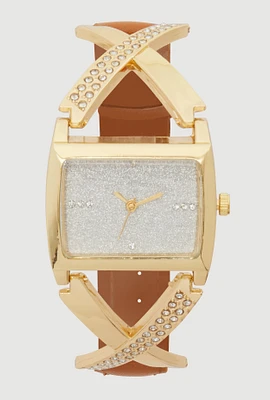 Womens Faux Leather Band Rhinestone Studded Watch, Brown