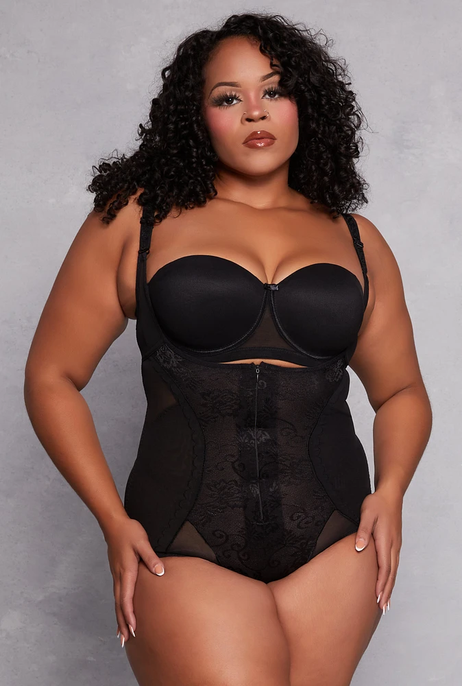 Womens Plus Size Floral Lace Shapewear Bodysuit, Black, Size 2X