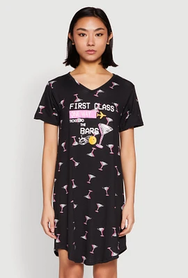 Womens First Class V Neck Nightgown, Black, Size M