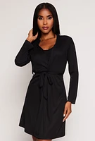 Womens Pajama Crop Top and Shorts with Robe Set, Black, Size M