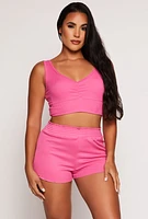 Womens Pajama Crop Top and Shorts with Robe Set, Pink,