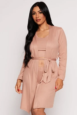 Womens Ribbed Knit Cropped Pajama Tank Top and Shorts with Robe,